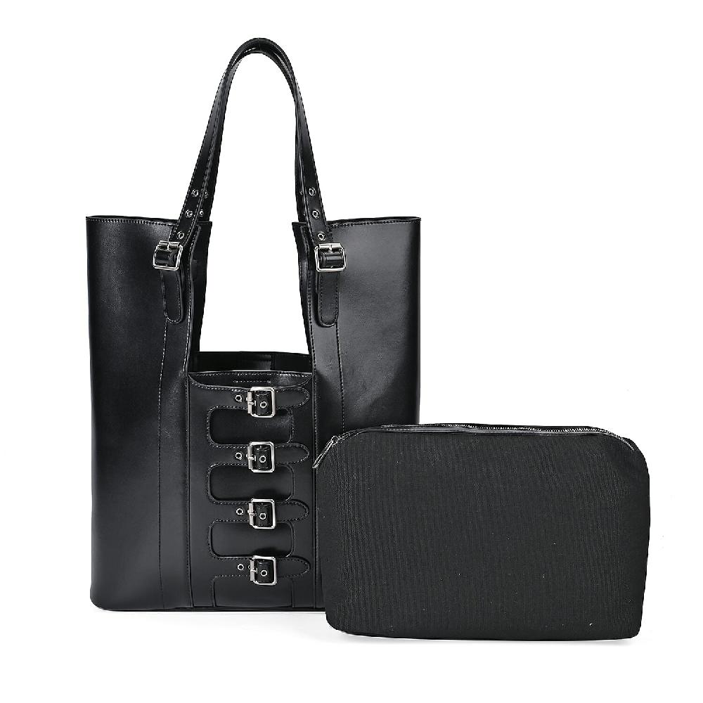 Italy Retro Noble Collection Black Genuine Leather Tote Bag with Small Cosmetic Bag