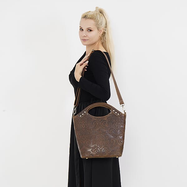 Italy Retro Noble Collection Brown Color Genuine Leather Crossbody Bag With Handle Drop And Shoulder Strap