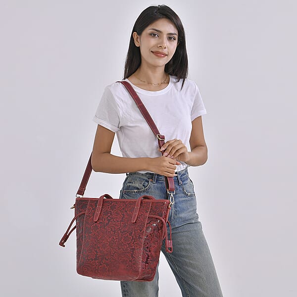 Italy Retro Noble Collection Burgundy Genuine Leather Floral Embossed Crossbody Bag With Shoulder Strap