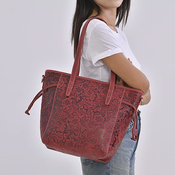 Italy Retro Noble Collection Burgundy Genuine Leather Floral Embossed Crossbody Bag With Shoulder Strap