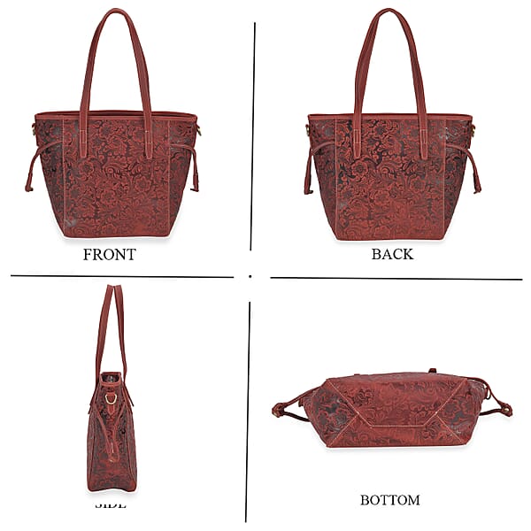 Italy Retro Noble Collection Burgundy Genuine Leather Floral Embossed Crossbody Bag With Shoulder Strap