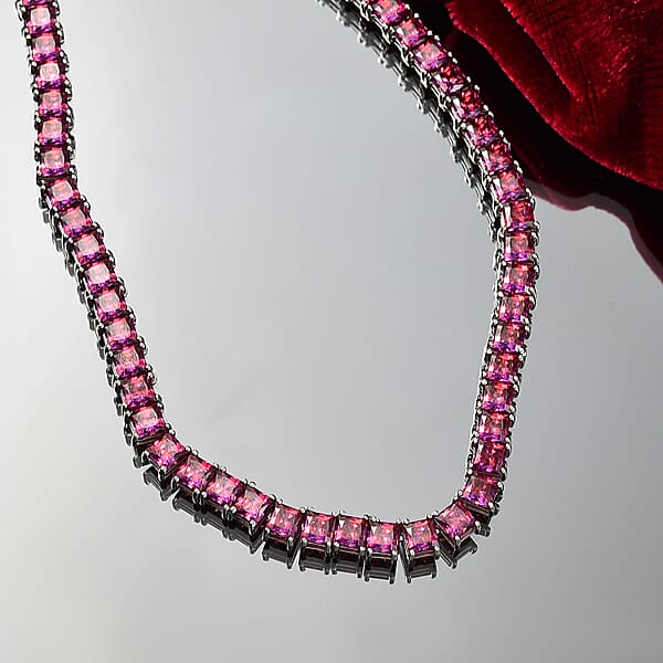 J Francis Embellished With Dark Red Zirconia By Swarovski 98.00 Ctw Iconic Tennis Necklace 18 Inches In Rhodium Over Sterling Silver