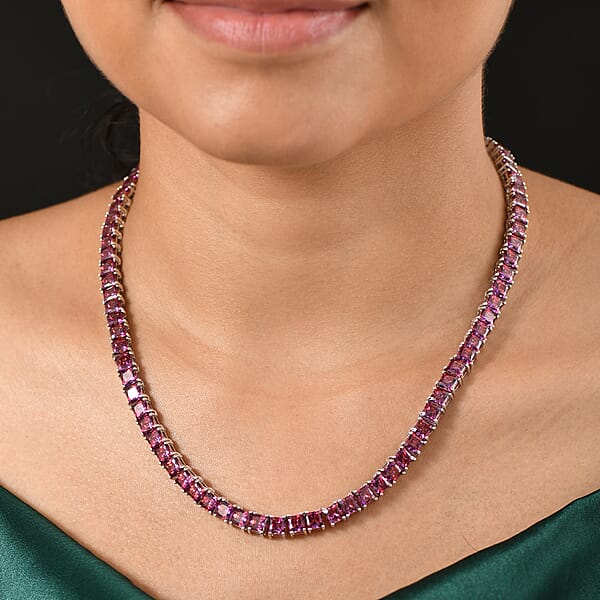 J Francis Embellished With Dark Red Zirconia By Swarovski 98.00 Ctw Iconic Tennis Necklace 18 Inches In Rhodium Over Sterling Silver