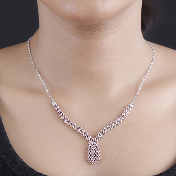 J Francis Embellished With Fancy Pink Zirconia By Swarovski 6.25 Ctw Waterfall Necklace In Rhodium Over Sterling Silver 18 Inches