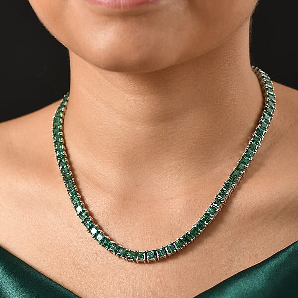 J Francis Embellished With Green Zirconia By Swarovski 56.90 Ctw Iconic Tennis Necklace 18 Inches In Rhodium Over Sterling Silver