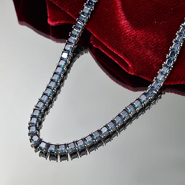 J Francis Embellished With Rainbow Blue Zirconia By Swarovski 101.00 Ctw Iconic Tennis Necklace 18 Inches In Rhodium Over Sterling Silver