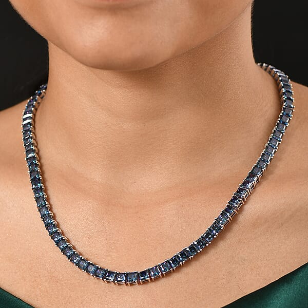 J Francis Embellished With Rainbow Blue Zirconia By Swarovski 101.00 Ctw Iconic Tennis Necklace 18 Inches In Rhodium Over Sterling Silver