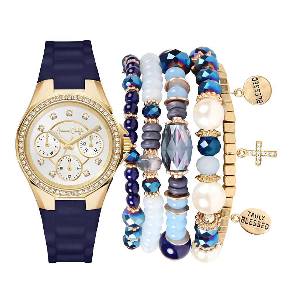 Jessica Carlyle Women's Matte Navy Silicone Strap 35mm Analog Watch & Coordinating Stackable Bracelet Set