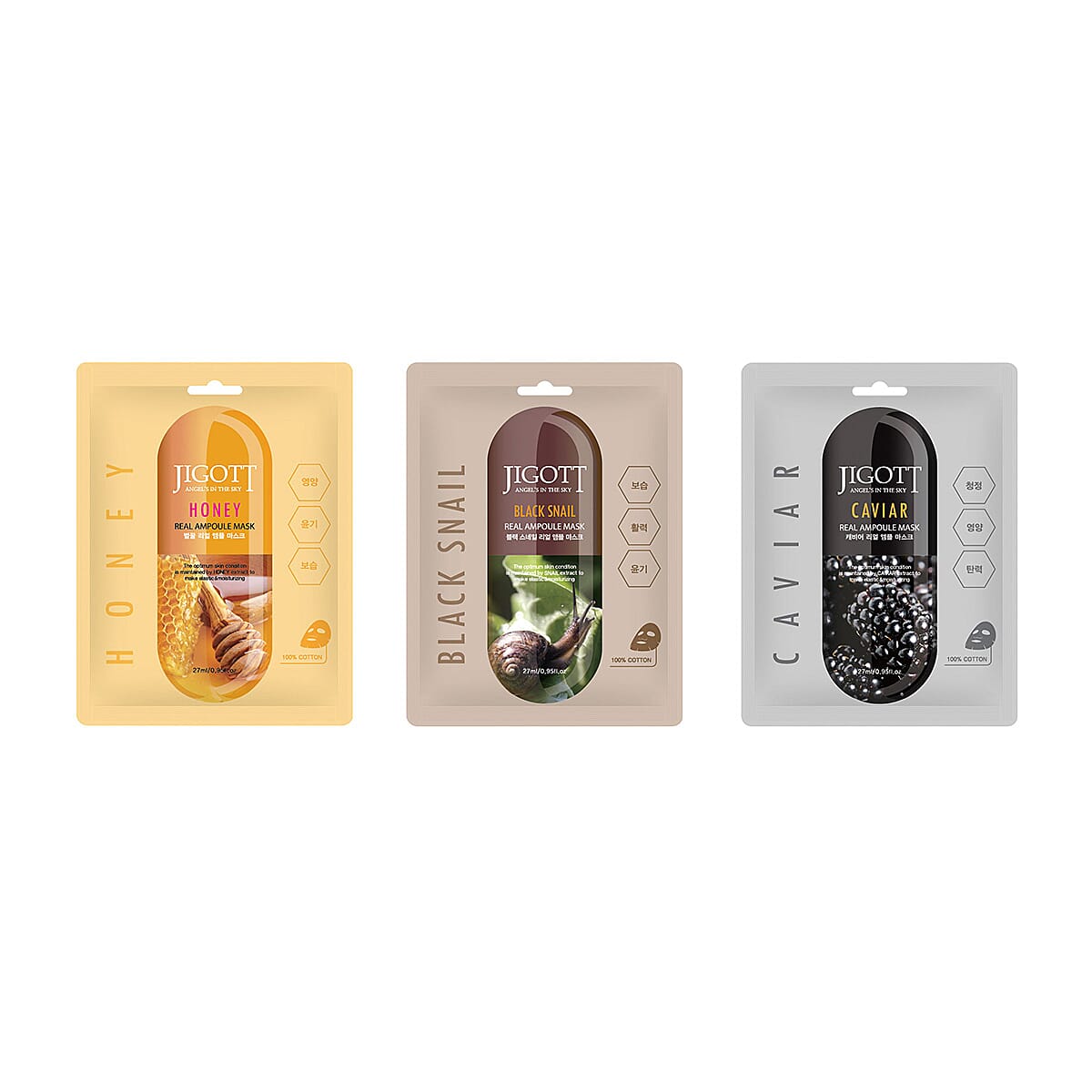 JIGOTT Real Ampoule Cotton Mask Rejuvenate Collection- Black Snail Caviar & Honey (3x10 each)