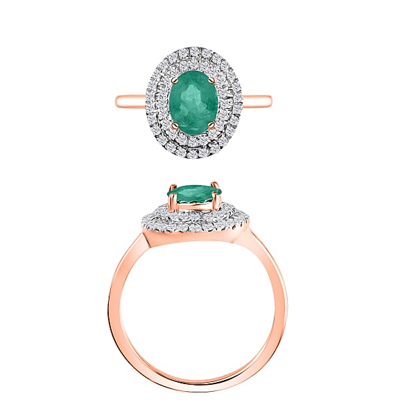 Kagem Zambian Emerald And White Zircon 1.45 Ctw Double Halo Ring In 18K Vermeil Rose Gold Over Sterling Silver (Del. In 10-12 Days)