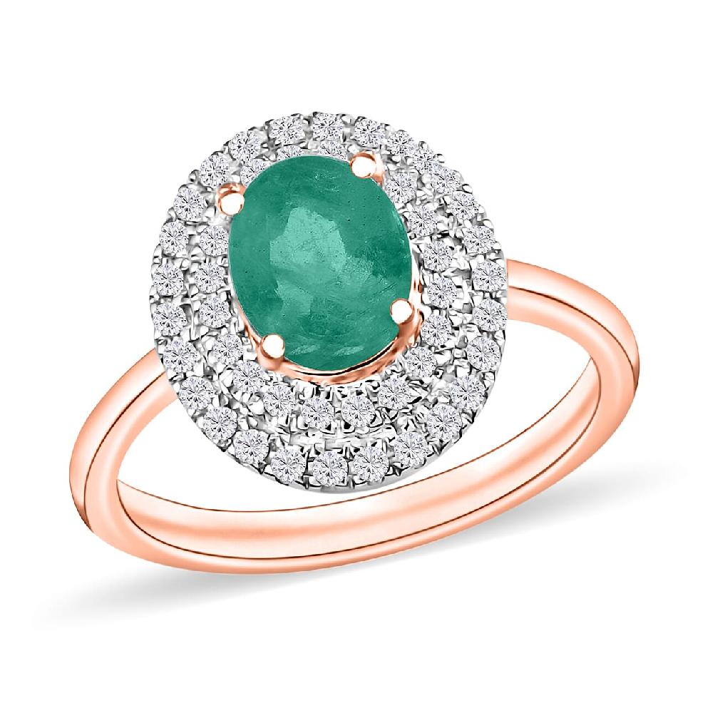 Kagem Zambian Emerald and White Zircon 1.45 ctw Double Halo Ring in 18K Vermeil Rose Gold Over Sterling Silver (Del. in 10-12 Days)