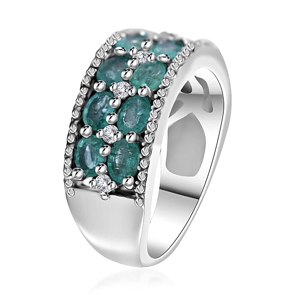 Kagem Zambian Emerald And White Zircon Ring In Platinum Over Sterling Silver 2.60 Ctw