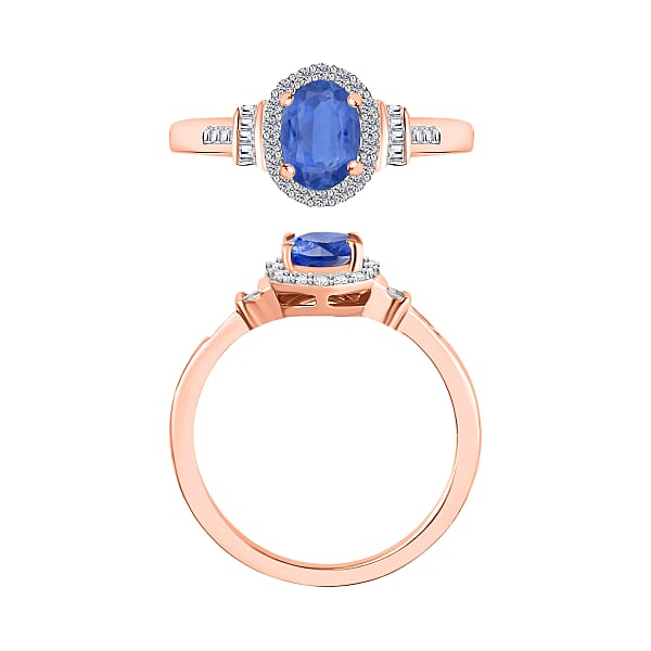 Kanchanaburi Blue Sapphire And Diamond 1.19 Ctw Ring In 18K Rose Gold Vermeil Over Sterling Silver (Del. In 10-12 Days)