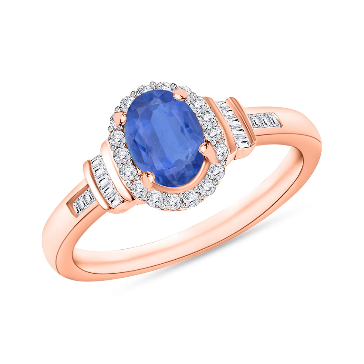 Kanchanaburi Blue Sapphire and Diamond 1.19 ctw Ring in 18K Rose Gold Vermeil Over Sterling Silver (Del. in 10-12 Days)