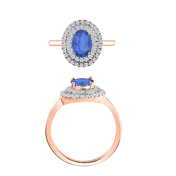 Kanchanaburi Blue Sapphire And White Zircon 1.65 Ctw Double Halo Ring In 18K Vermeil Rose Gold Over Sterling Silver (Del. In 10-12 Days)