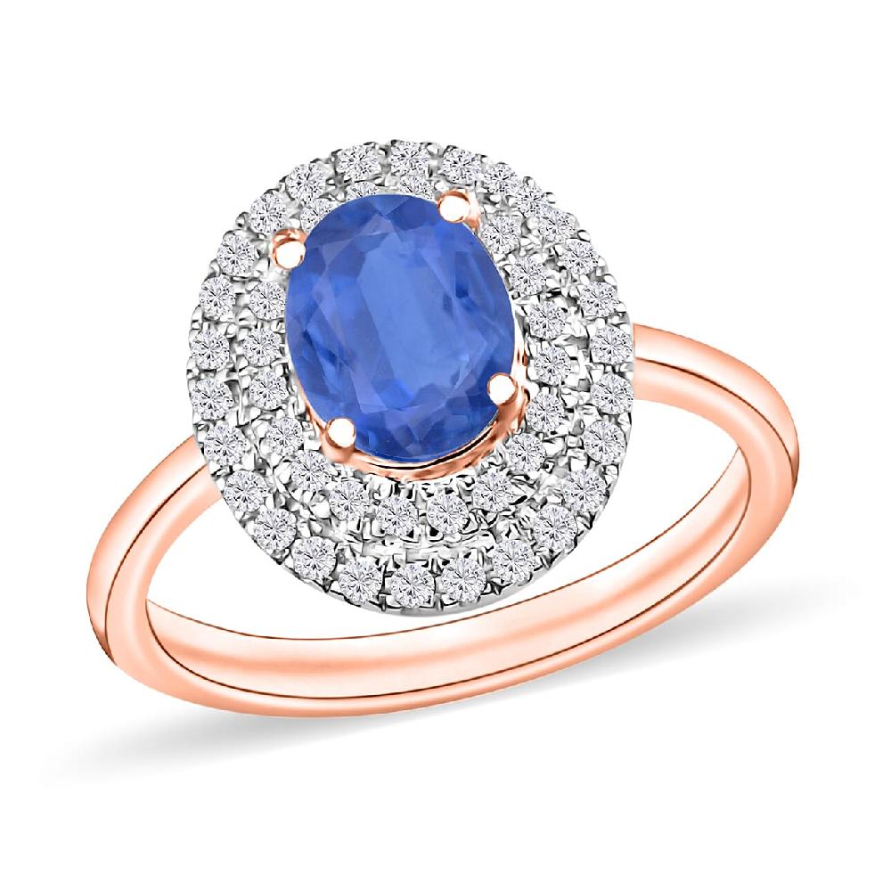 Kanchanaburi Blue Sapphire and White Zircon 1.65 ctw Double Halo Ring in 18K Vermeil Rose Gold Over Sterling Silver (Del. in 10-12 Days)