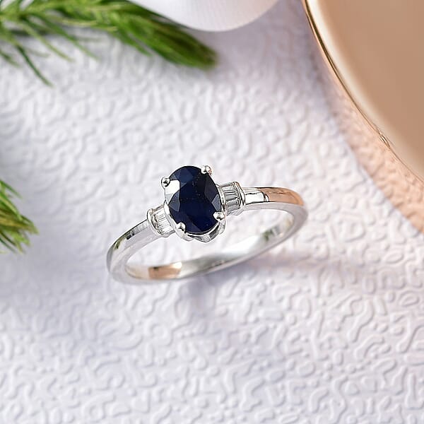 Kanchanaburi Blue Sapphire (DF) And Luxuriant Lab Grown Diamond 1.15 Ctw Ring In Rhodium Over Sterling Silver