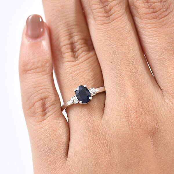 Kanchanaburi Blue Sapphire (DF) And Luxuriant Lab Grown Diamond 1.15 Ctw Ring In Rhodium Over Sterling Silver