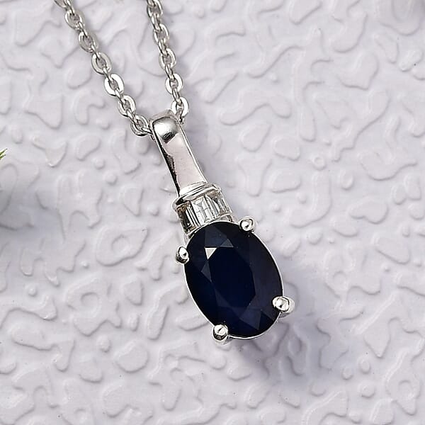 Kanchanaburi Blue Sapphire (DF) And Luxuriant Lab Grown Diamond G-H SI 1.10 Ctw Pendant Necklace 20 Inches In Rhodium Over Sterling Silver