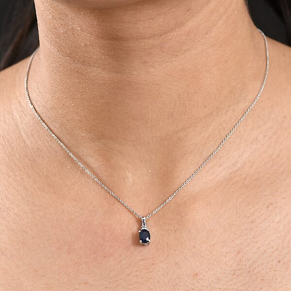 Kanchanaburi Blue Sapphire (DF) And Luxuriant Lab Grown Diamond G-H SI 1.10 Ctw Pendant Necklace 20 Inches In Rhodium Over Sterling Silver