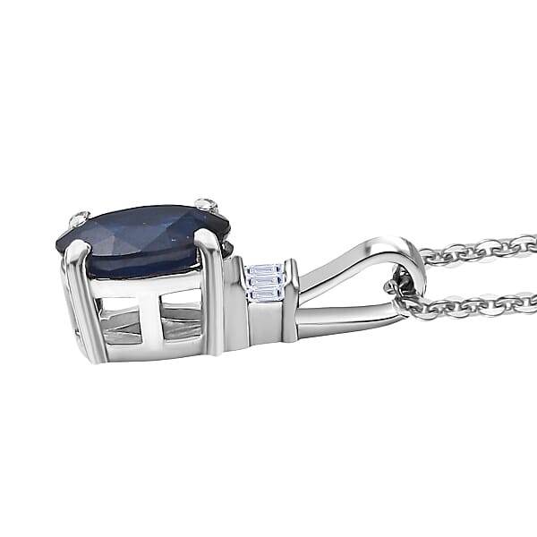 Kanchanaburi Blue Sapphire (DF) And Luxuriant Lab Grown Diamond G-H SI 1.10 Ctw Pendant Necklace 20 Inches In Rhodium Over Sterling Silver