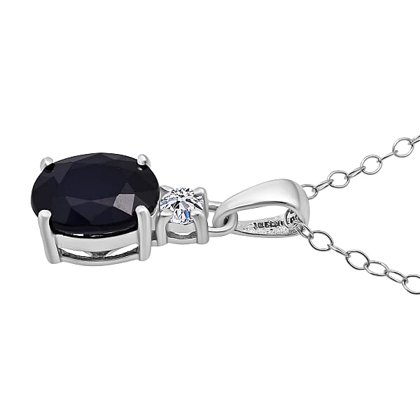 Kanchanaburi Blue Sapphire (DF) And Luxuriant Lab Grown Diamond G-H SI 2.20 Ctw Timeless Grace Pendant Necklace 20 Inches In Rhodium Over Sterling Silver