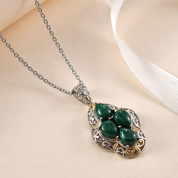 Karis African Malachite 6.40 Ctw Solitaire Pendant In 18K YG Plated And Platinum Bond And Stainless Steel Necklace 20 Inches