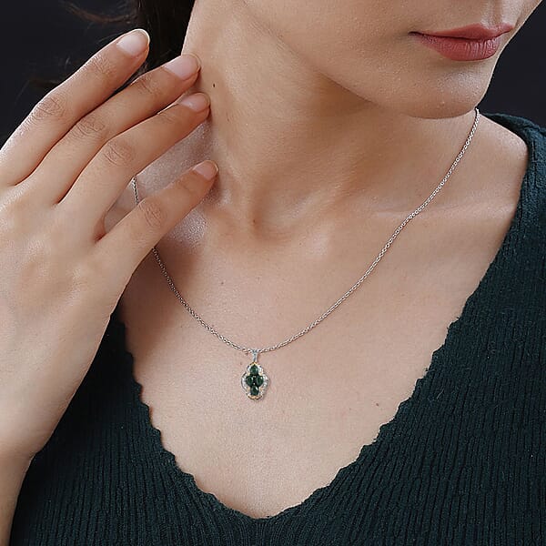 Karis African Malachite 6.40 Ctw Solitaire Pendant In 18K YG Plated And Platinum Bond And Stainless Steel Necklace 20 Inches