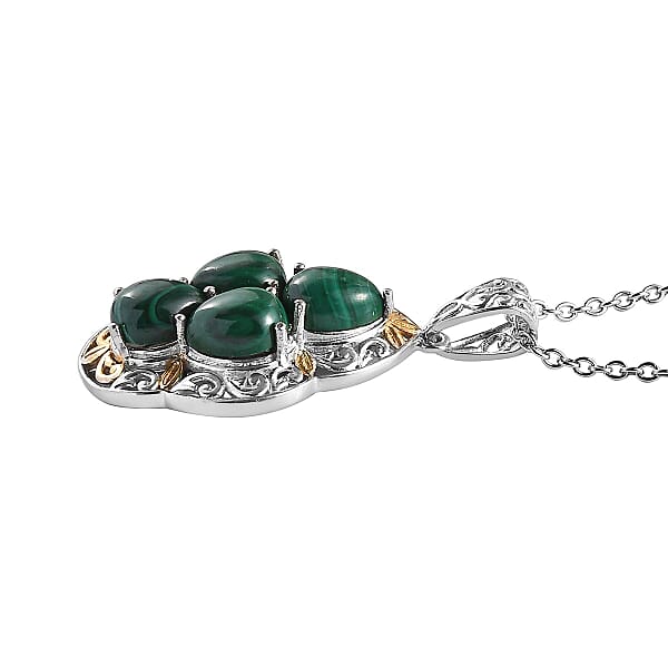 Karis African Malachite 6.40 Ctw Solitaire Pendant In 18K YG Plated And Platinum Bond And Stainless Steel Necklace 20 Inches