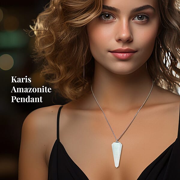 Karis Amazonite 49.65 Ctw Pendant In Platinum Bond With Stainless Steel Necklace 20 Inches