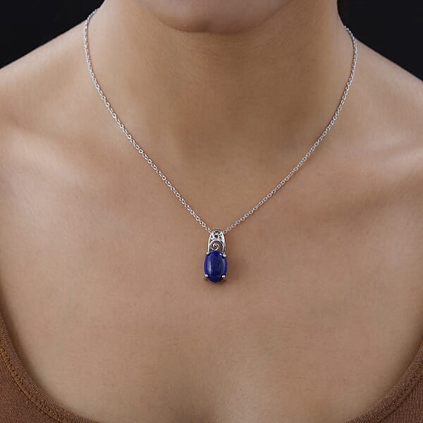 Karis Lapis Lazuli Solitaire Pendant In Platinum Bond With Stainless Steel Necklace 20 Inches 6.85 Ctw
