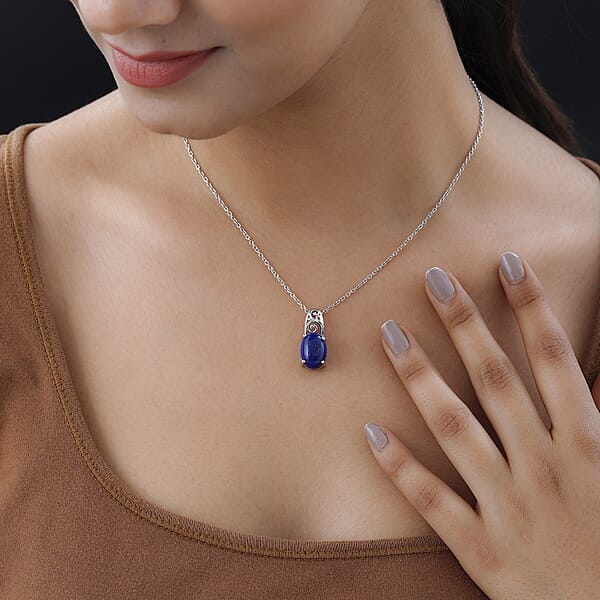 Karis Lapis Lazuli Solitaire Pendant In Platinum Bond With Stainless Steel Necklace 20 Inches 6.85 Ctw
