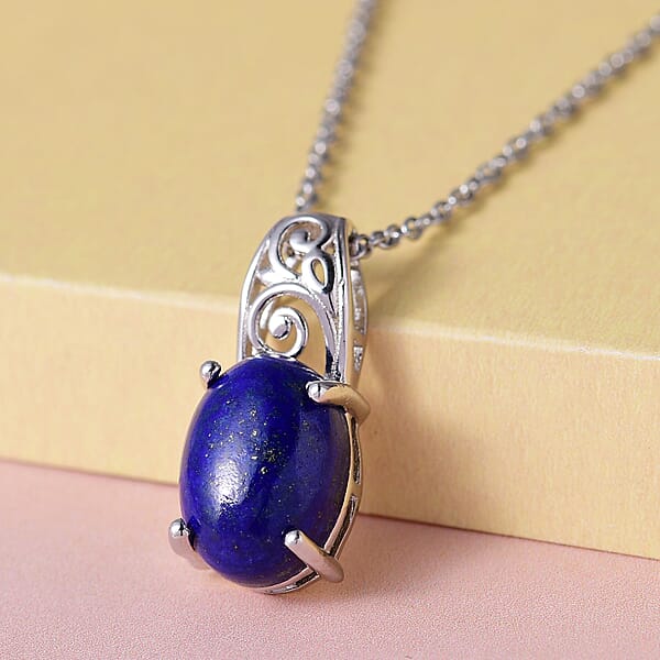 Karis Lapis Lazuli Solitaire Pendant In Platinum Bond With Stainless Steel Necklace 20 Inches 6.85 Ctw