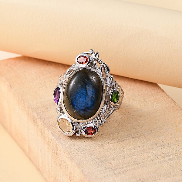 Karis Malagasy Labradorite And Multi Gemstone 12.40 Ctw Celestial Garden Ring In Platinum Bond