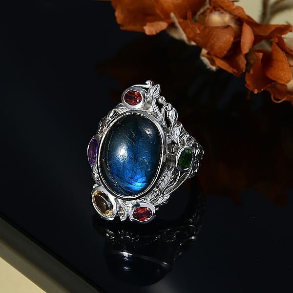 Karis Malagasy Labradorite And Multi Gemstone 12.40 Ctw Celestial Garden Ring In Platinum Bond