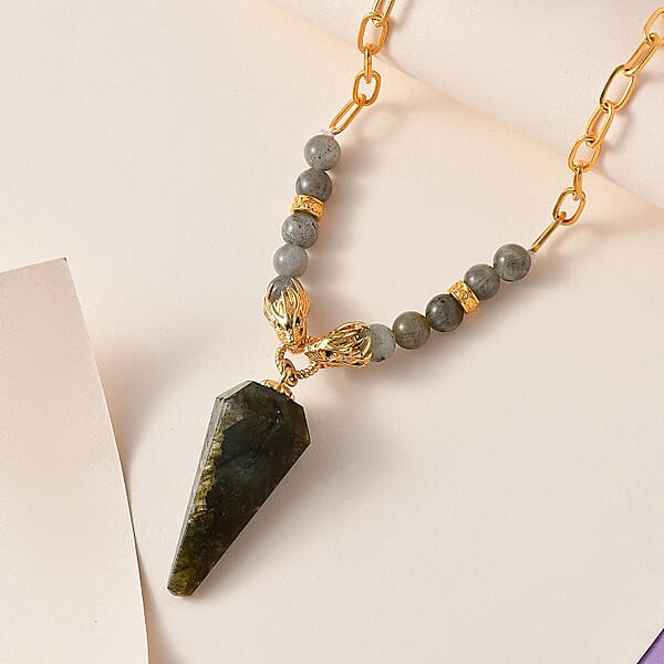 Karis Malagasy Labradorite And Thai Black Spinel 68.10 Ctw Paper Clip Chain Dragon Necklace In 18K YG Plated 18-20 Inches