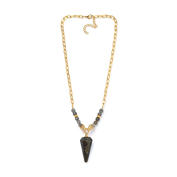 Karis Malagasy Labradorite And Thai Black Spinel 68.10 Ctw Paper Clip Chain Dragon Necklace In 18K YG Plated 18-20 Inches