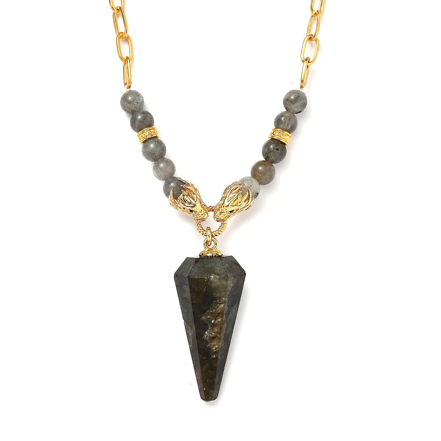Karis Malagasy Labradorite and Thai Black Spinel 68.10 ctw Paper Clip Chain Dragon Necklace in 18K YG Plated 18-20 Inches