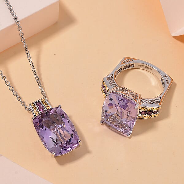 Karis Rose De France Amethyst And Orissa Rhodolite Garnet 27.40 Ctw Ring And Pendant In Dualtone With Stainless Steel Necklace 20 Inches