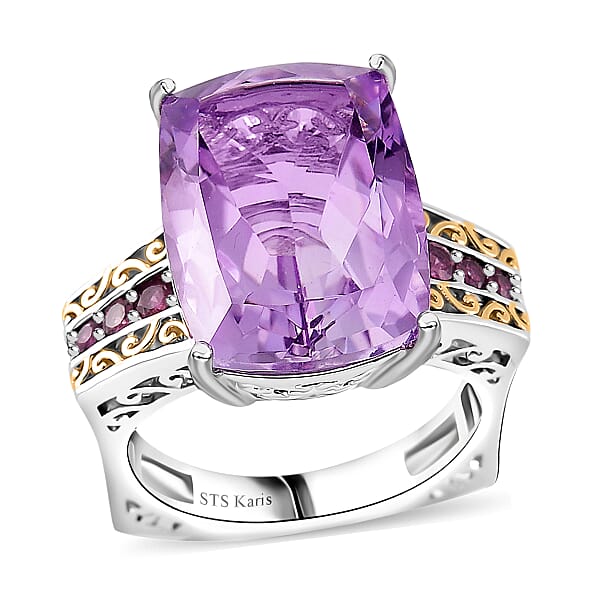 Karis Rose De France Amethyst And Orissa Rhodolite Garnet 27.40 Ctw Ring And Pendant In Dualtone With Stainless Steel Necklace 20 Inches