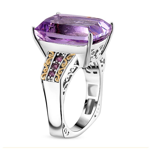 Karis Rose De France Amethyst And Orissa Rhodolite Garnet 27.40 Ctw Ring And Pendant In Dualtone With Stainless Steel Necklace 20 Inches