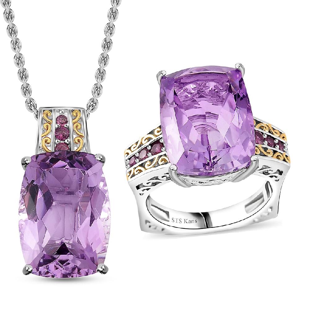 Karis Rose De France Amethyst and Orissa Rhodolite Garnet 27.40 ctw Ring and Pendant in Dualtone with Stainless Steel Necklace 20 Inches