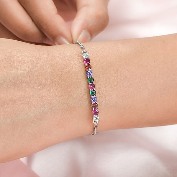 Karis Simulated Multi Diamond 2.20 Ctw Bolo Bracelet In Platinum Bond And Stainless Steel