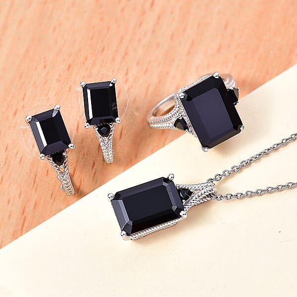 Karis Thai Black Spinel 22.10 Ctw Earrings Ring And Pendant In Platinum Bond With Stainless Steel Necklace 20 Inches