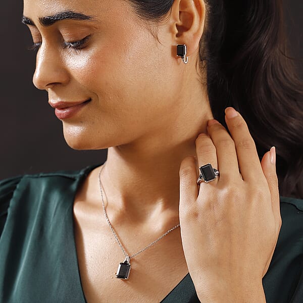 Karis Thai Black Spinel 22.10 Ctw Earrings Ring And Pendant In Platinum Bond With Stainless Steel Necklace 20 Inches