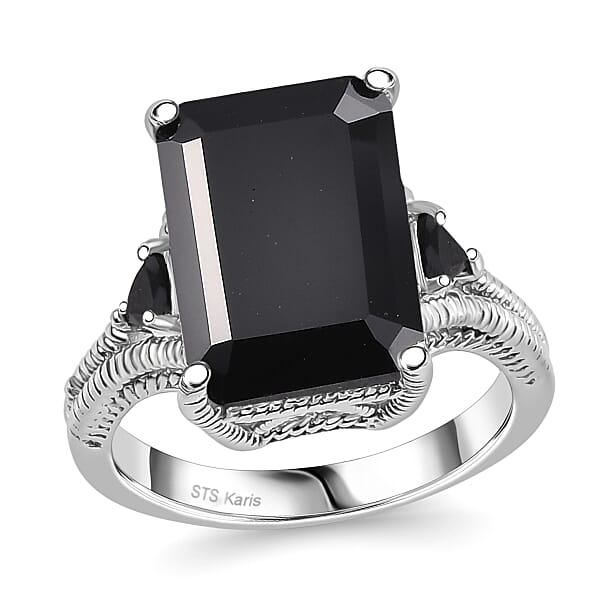 Karis Thai Black Spinel 22.10 Ctw Earrings Ring And Pendant In Platinum Bond With Stainless Steel Necklace 20 Inches