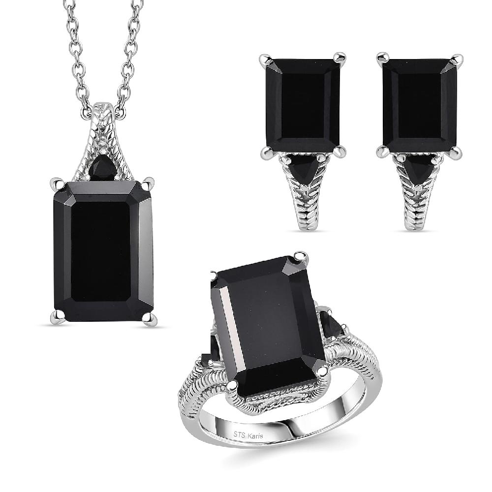 Karis Thai Black Spinel 22.10 ctw Earrings Ring and Pendant in Platinum Bond with Stainless Steel Necklace 20 Inches