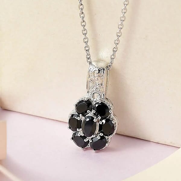Karis Thai Black Spinel 3.00 Ctw Pendant Necklace 20 Inches In Platinum Bond And Stainless Steel Tarnish-Free Waterproof Sweat Proof Jewelry