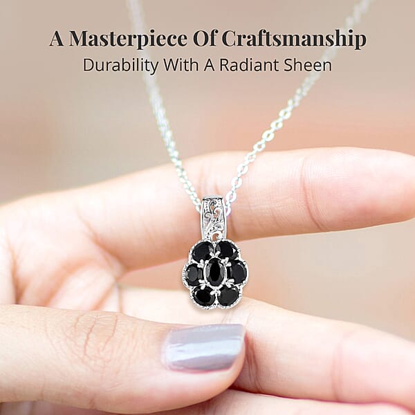 Karis Thai Black Spinel 3.00 Ctw Pendant Necklace 20 Inches In Platinum Bond And Stainless Steel Tarnish-Free Waterproof Sweat Proof Jewelry