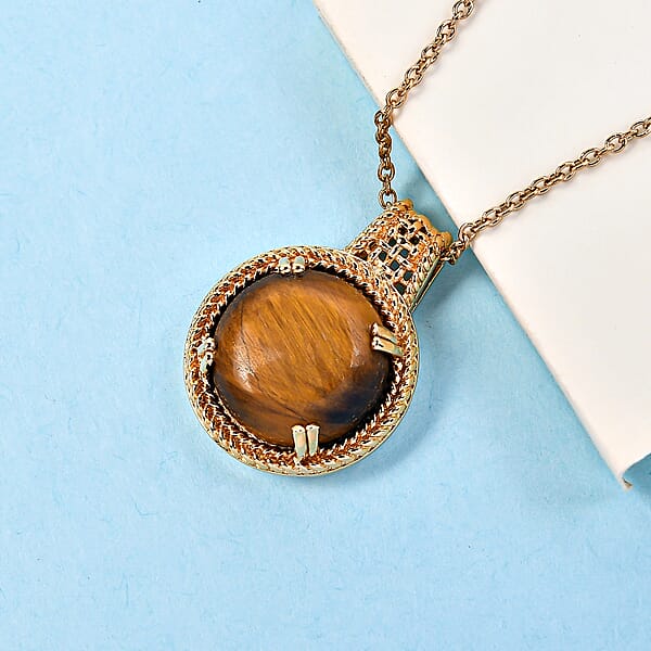 Karis Tiger's Eye 11.50 Ctw Solitaire Pendant Necklace In 18K YG Plated With ION Plated YG Stainless Steel 20 Inches
